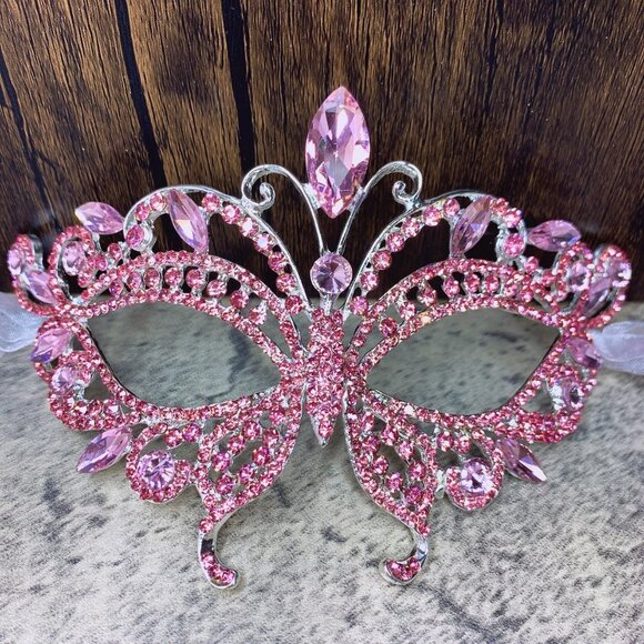Pink Masquerade Mask, Crystal Mask Rhinestone, Venetian Party, Prom, Pink Gift - Picture 1 of 4